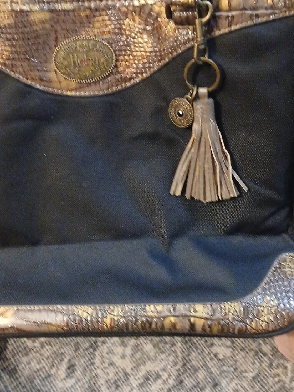 Reba Black Laptop Tote with Metallic Brown Faux-Croc Trim and Tassel